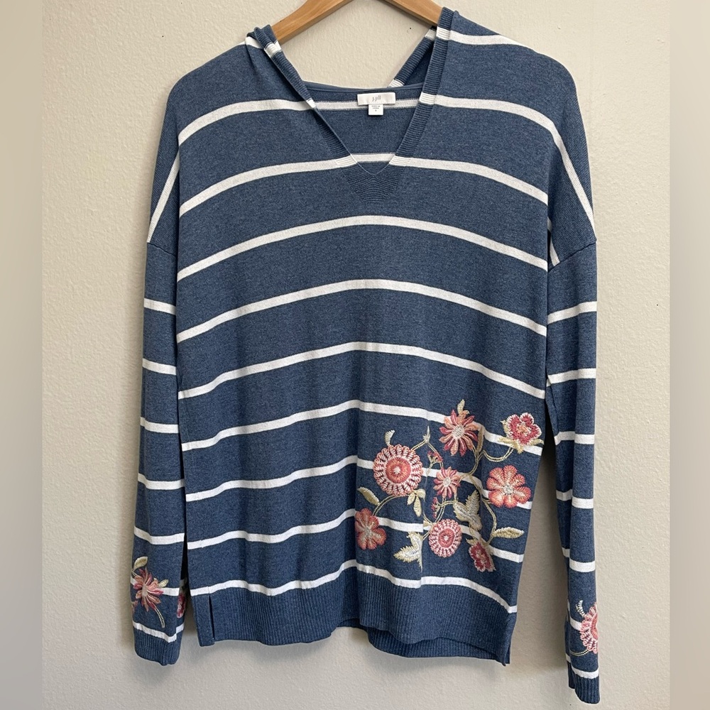 J Jill Striped Floral Embroidered Hooded Pullover Sweater Women size Small - Picture 3 of 11